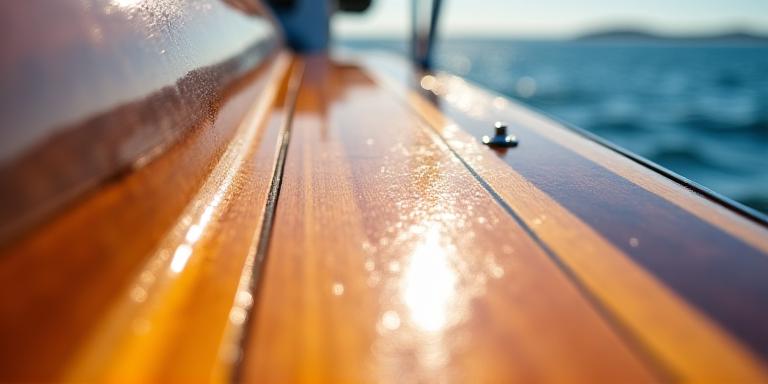 Hochglanzlackiertes Holzdeck eines luxuriösen Segelbootes