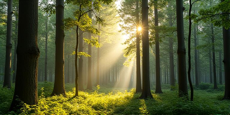 Gesunder, dichter Wald mit Sonnenlicht, das durch die Baumkronen scheint