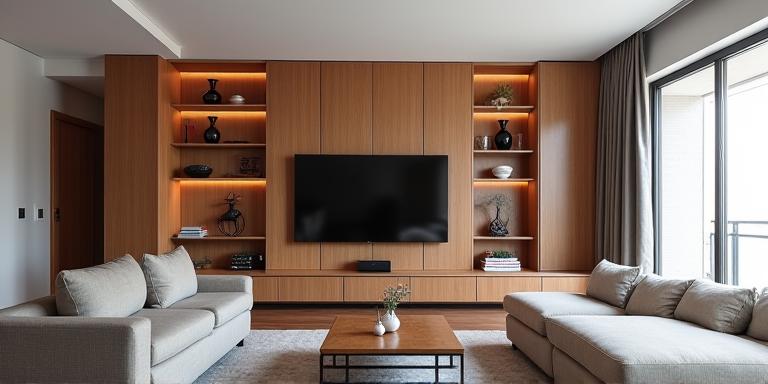 Moderner Holzwandpaneel im Wohnzimmer mit integriertem Regal