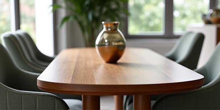 Elegant gefertigter Esstisch aus Massivholz, umgeben von modernen Stühlen
