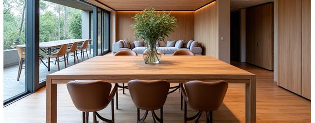 Blick in ein modernes Wohnzimmer mit maßgefertigtem Holztisch