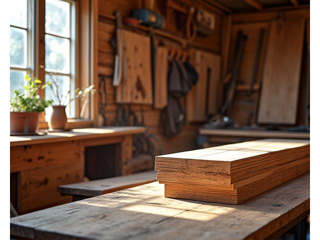 Detailansicht einer Holzwerkstatt mit Werkzeugen und Rohholz