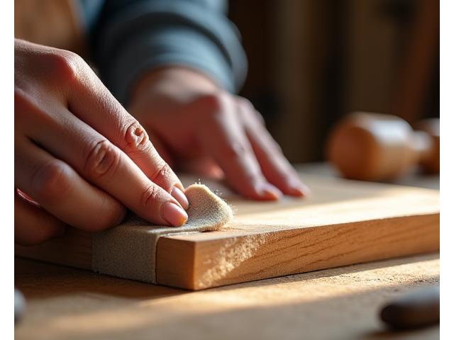 Werkstatt-Details: Handwerker beim feinen Schliff eines Holzmöbelstücks