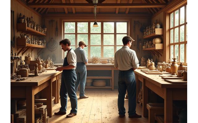 Historische Werkstatt und Handwerker bei der Arbeit, Eiland Holz