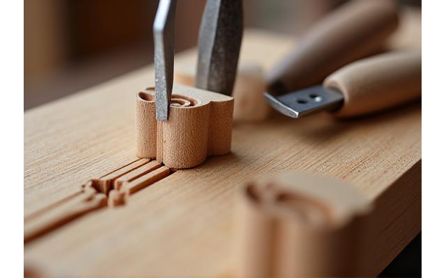 Nahaufnahme von Holzdübeln und Werkzeugen auf einer Holzoberfläche