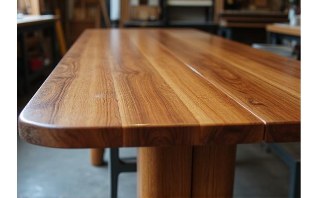 Fertiggestellter Holztisch in einer Werkstattumgebung, bereit zum Versand