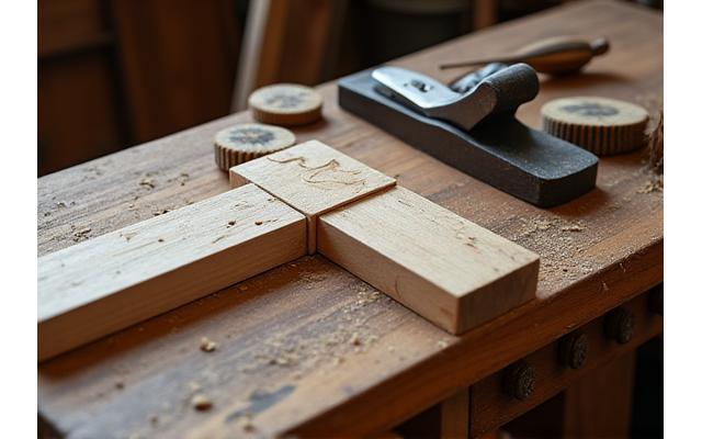 Traditionelle Hobelbank mit Werkzeugen in einer Holzwerkstatt