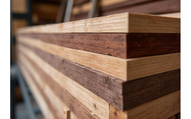 Stapel von sorgfältig gelagertem Edelhölzern, bereit zur Verarbeitung