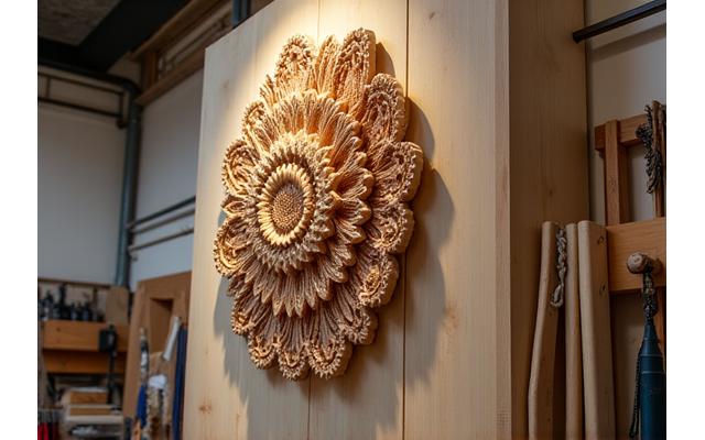 Einzigartiges Holz-Kunstwerk an der Wand der Werkstatt